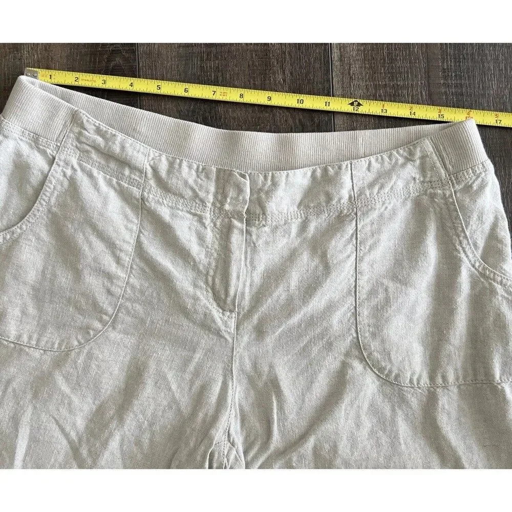 J. JILL Sz 12 Petite Beige Tan 100% LINEN Elastic Back WIDE CROPPED LEG Pants